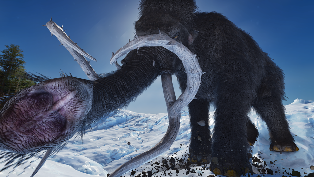 長い鼻を手前に大きく写したマンモス